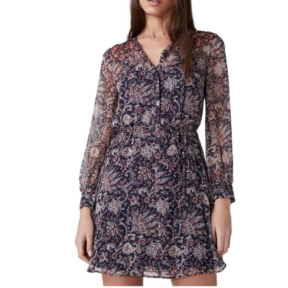 French Connection Esi Long Sleeve Chiffon Mini Dress Dark Floral Print 8 - Picture 1 of 10